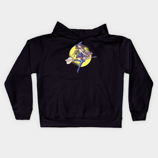 Funny Cute Girl with Cat Flying on Dart!! Kids Hoodie by Artistic muss